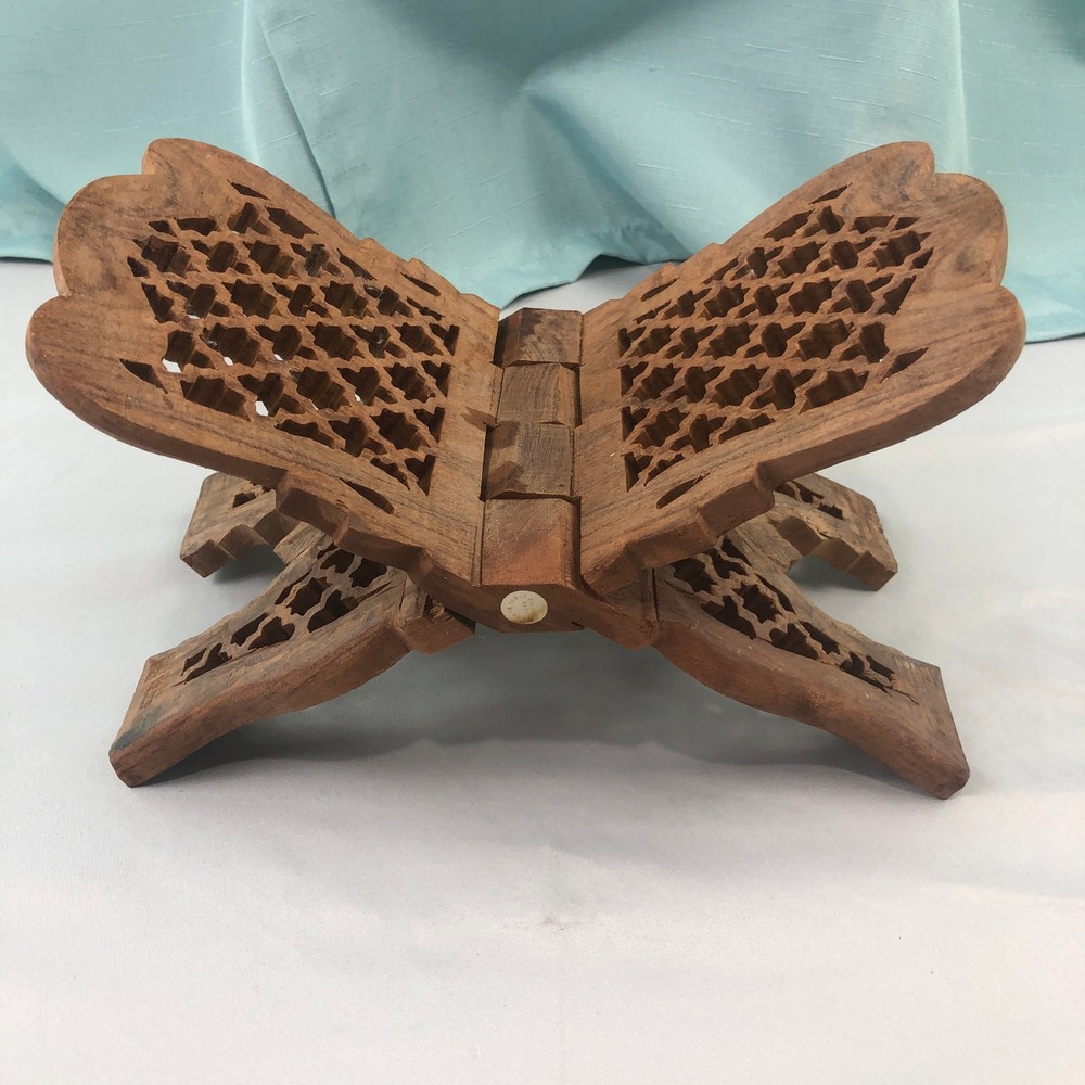 VTG Hand Carved Wooden Bible/Book Stand Folding Holder Geometric Lattice